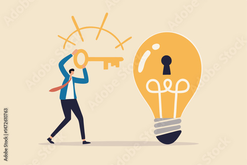 Unlock new business idea, invent new product or creativity concept, smart businessman holding golden key about to insert into key hold on lightbulb idea lamp.