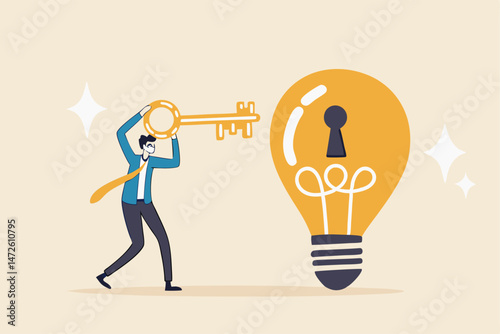 Unlock new business idea, invent new product or creativity concept, smart businessman holding golden key about to insert into key hold on lightbulb idea lamp.