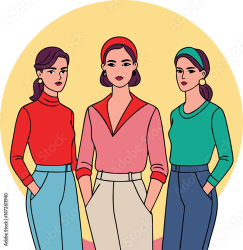 Three stylish women with vintage outfits confidently pose against a yellow background