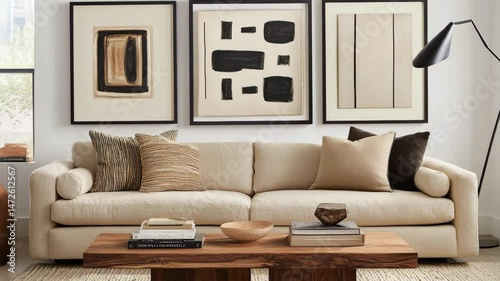 Cozy contemporary living room with a beige plush sofa, natural wood coffee table, a statement floor lamp, and a gallery wall of modern art pieces framed in black