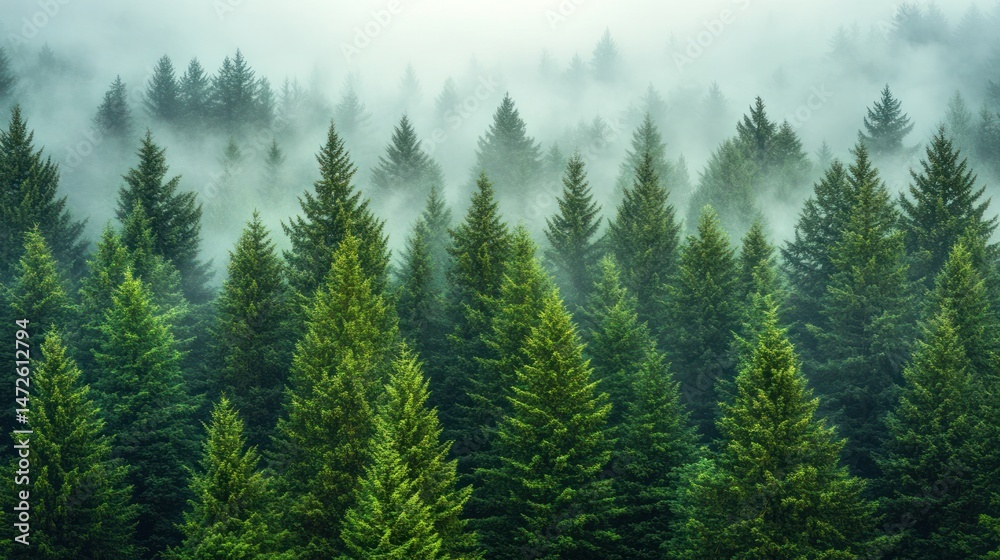 Fototapeta premium Dense evergreen forest shrouded in a misty atmosphere. Evergreen trees stand tall and close together, bathed in a soft, diffused light