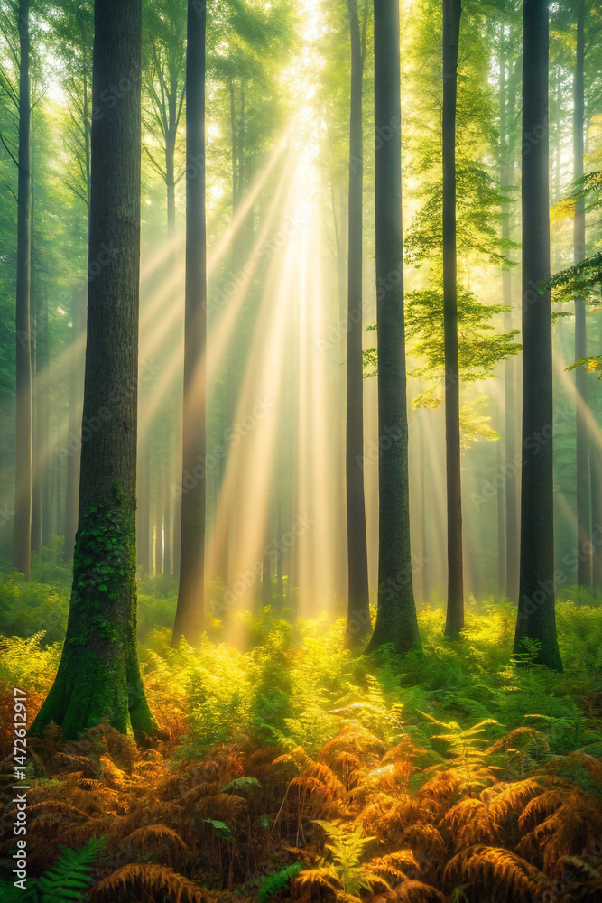 Fototapeta premium Majestic sunlight streaming through tall trees in a lush green and yellow forest scene