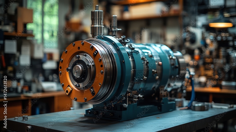Industrial engine component on workbench with tools in background Industrial engine component on workbench with tools in background