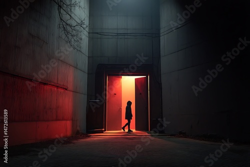 A lone figure silhouetted against a vibrant red doorway in a dark urban setting.