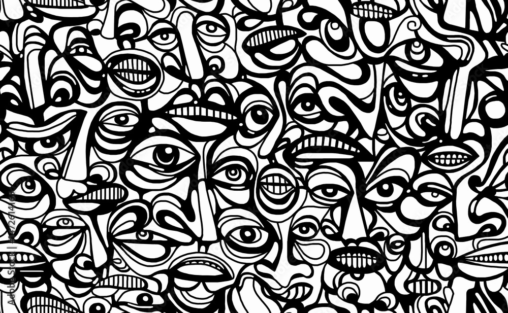 custom made wallpaper toronto digitalBlack and white pattern on a white background with highlighted cartoon faces, abstract design.Seamless drawing.