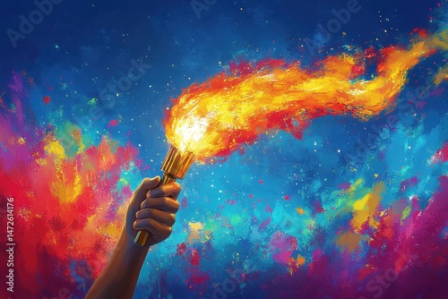 Flames erupt from a torch held high against a vibrant colorful background showcasing artistic energy