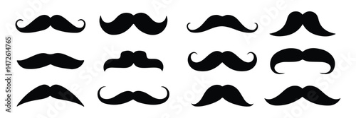 Collection of mustache set silhouette black white vector on white background. Set of gentleman's classic mustache vector