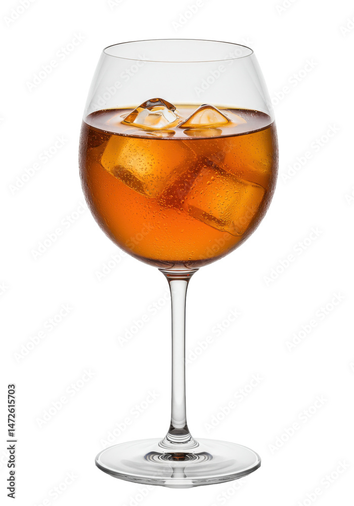 Refreshing glass of amber liquid with ice cubes, transparent and chilled on a black background Refreshing glass of amber liquid with ice cubes, transparent and chilled on a black background