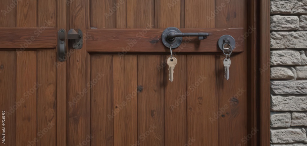 Pair of keys grasped near a wooden front door, chrome, door, vintage Pair of keys grasped near a wooden front door, chrome, door, vintage