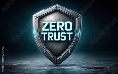 Zero trust concept with futuristic shield symbol glowing in dark background, representing security and protection