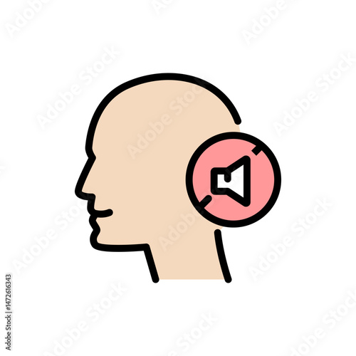 Hearing disability. No hear or mute, deaf ear. Deafness color symbol. Deaf people sign. Vector illustration.