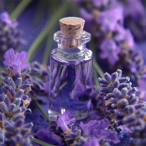 Small glass bottle filled with liquid surrounded by fresh lavender blooms