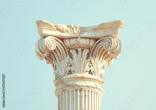 Marble Roman Column with Corinthian Capital and Spiral details against Sky Background