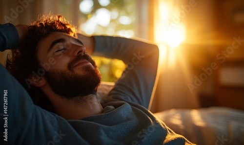 Serene Man Relaxing Indoors Embracing Sunlight and Momentary Stillness