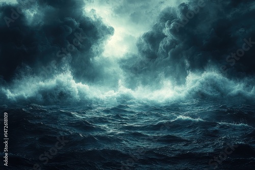 Churning sea under stormy skies with dramatic clouds and turbulent waves at twilight