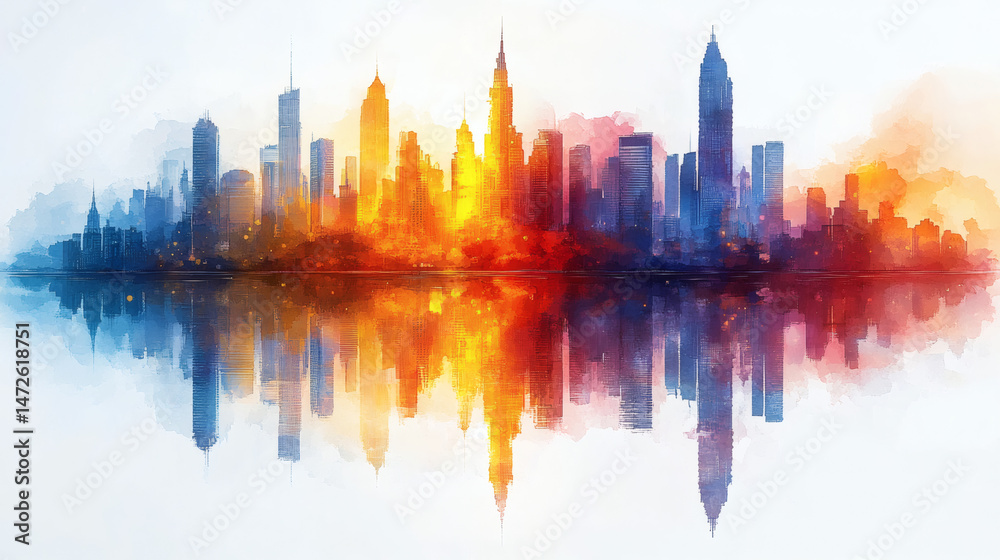Fototapeta premium Abstract cityscape watercolor panorama