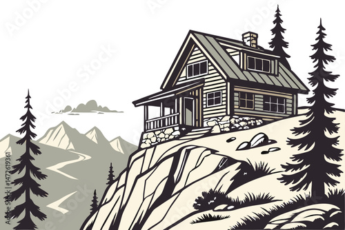 82 wooden house, mountain chalet, cottage on cliff, rustic log cabin, scenic landscape, rocky cliff, evergreen trees, natural scenery, 3d rendering, photorealistic