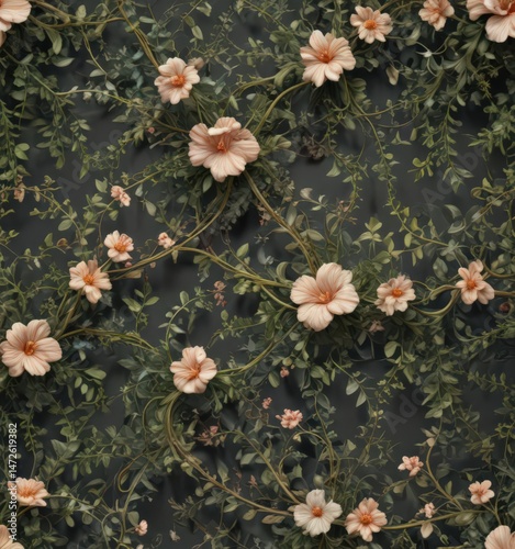 Curved vines entwine in a complex floral pattern, fine details, detail, textile, print