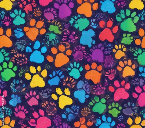 Vibrant rainbow paw prints, doodle style seamless repeat, paw print,  doodle paw print