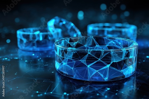 Futuristic translucent bowls with blue geometric design.