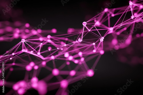 Abstract pink network of glowing nodes and connections on dark background.