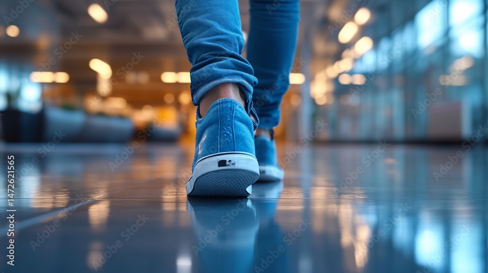 Fototapeta premium Person's legs and shoes in motion along a gleaming floor in a blurred background