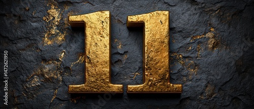 Golden number 11 on textured stone background.