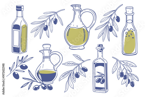 Set of olive oil bottles and olive branches. Collection of illustrations of olive oil, leaves, branches, natural products. Hand drawn sketch illustration.