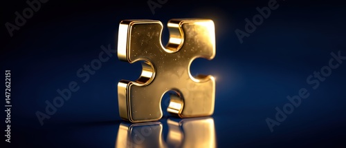 Golden puzzle piece on a reflective surface.