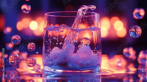 Glass with cascading water bubbles galore