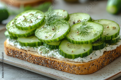 Sandwich with cucumbers and dill on a plate.