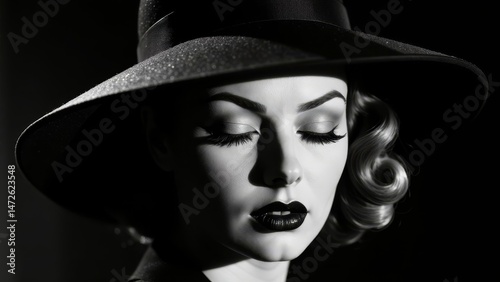 black and white portrait of a woman, wearing a large wide-brimmed hat, holding a gun with a serious expression, background is dark 