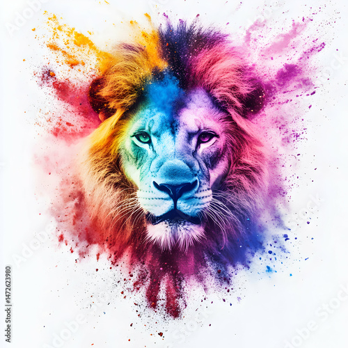 Majestic lion portrait interwoven with vibrant explosions of multicolored pigment