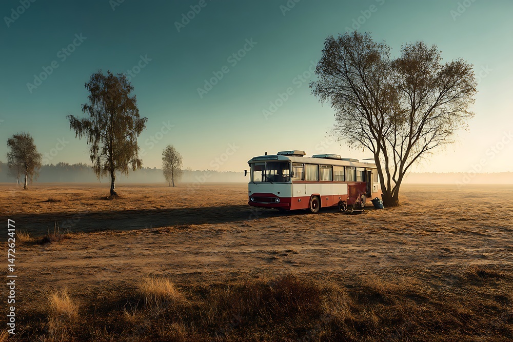 Fototapeta premium A vintage red and white bus parked in a field with a golden hour sky, surrounded by bare trees and a tranquil atmosphere, showcasing the serenity of the countryside.