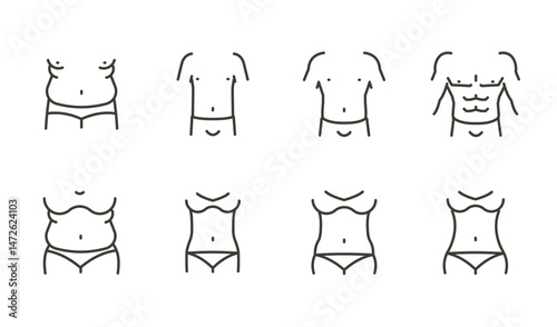 Male and female body shape icon set. Thin line editable stroke icons for body types, fitness, weight, anatomy. Outline illustrations for fitness progress, weight loss, physique transformation