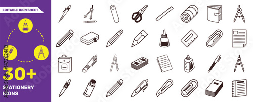 Editable Stationery Icon Set – 30+ Office and School Supply Line Icons