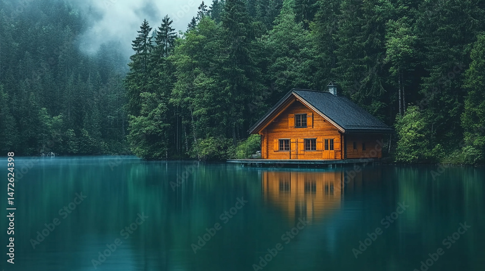 Fototapeta premium A house sitting on a serene lake, symbolizing the concept of a data lakehouse, where storage and analytics merge seamlessly. The peaceful setting represents the integration of data management and anal