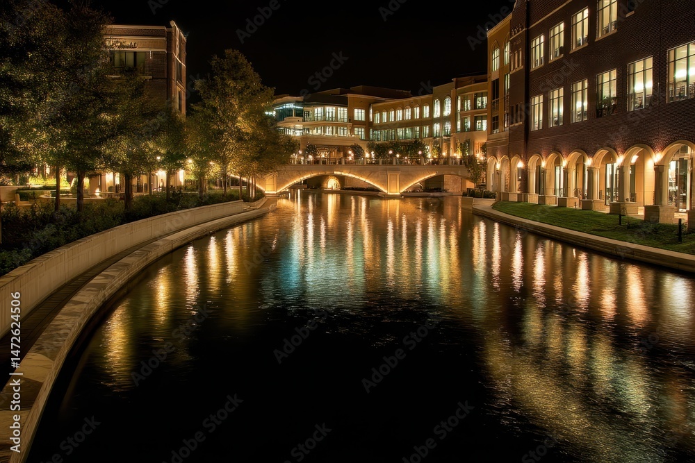 Fototapeta premium Nighttime Serenity Along The Woodlands Waterway: A Cityscape of River Reflections and Architectural Wonders