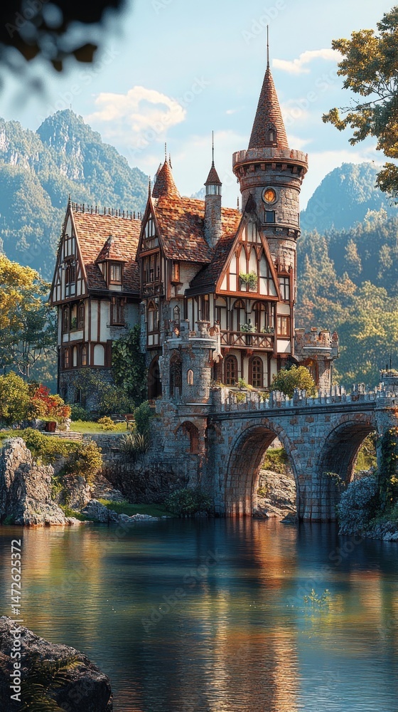Naklejka premium Rustic fairytale castle by a serene river