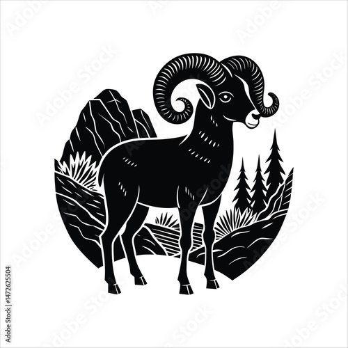  Bighorn Sheep Silhouette on Mountain Vector Illustration