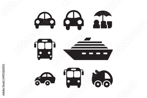 Transport and Travel Icons Car, Bus, Cruise, Family Vacation Vector Set