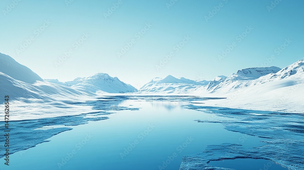 Fototapeta premium Frozen landscape with a tranquil blue lake nestled between snow-capped mountains under a bright sky