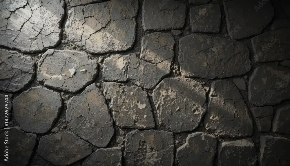 Fototapeta premium Textured Stone Wall: A Dark, Cracked Cobblestone Surface