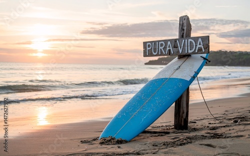 summer, Costa Rica, Sunset Beach Surfboard Pura Vida Sign