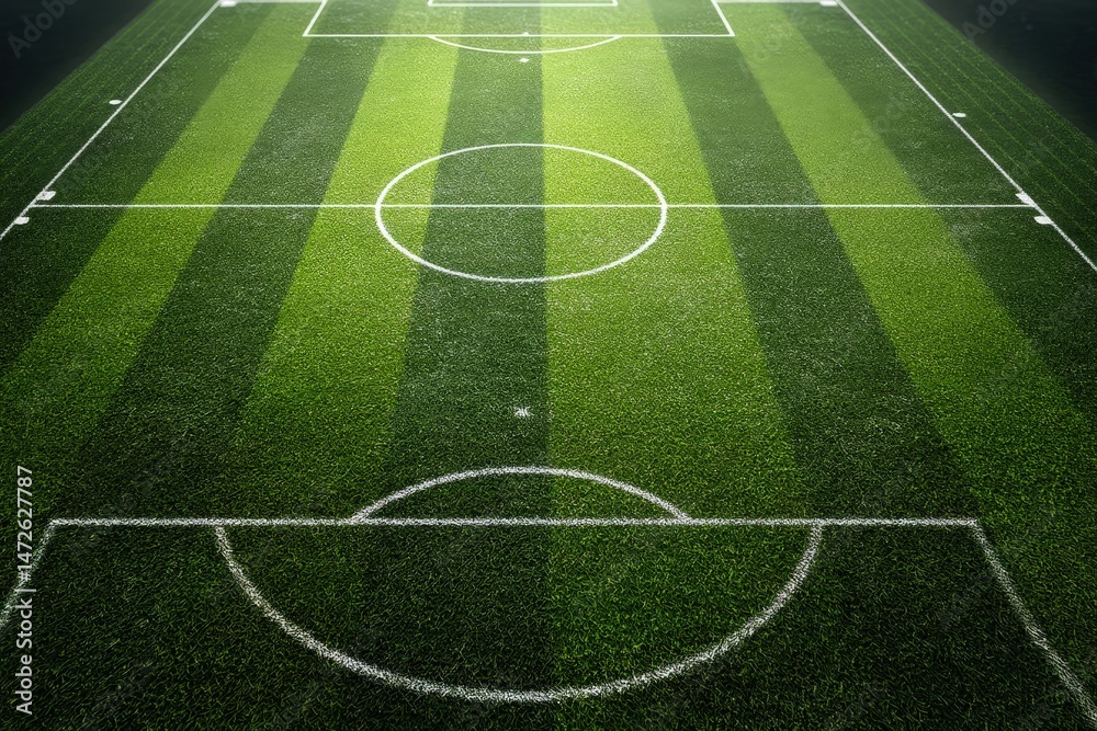 Obraz premium Aerial view of a lush, green soccer field under sunlight.