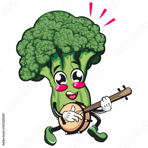 Cute broccoli vegatable vektor illustration mascot character playing the banjo musical instrumen, work of hand drawn