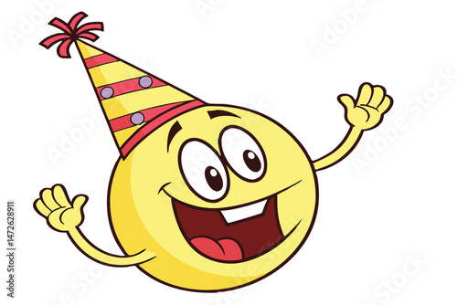 87 cartoon character, happy yellow smiley face with party hat, cheerful expression, hands raised in excitement, colorful hat with pom pom, smiling emoticon, 3d render, whimsical, bright, playful