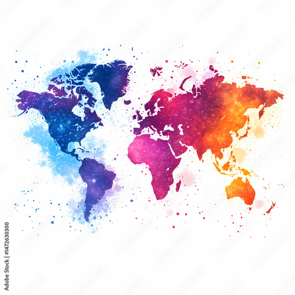 Fototapeta premium Cosmic Cartography: A Celestial World Map with Vibrant Watercolor Texture