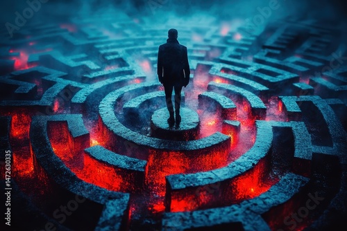 Man stands in illuminated labyrinth surrounded by smoky atmosphere and fiery elements at night