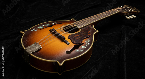 A close-up of a polished mandolin with its strings and sound holes visible.
